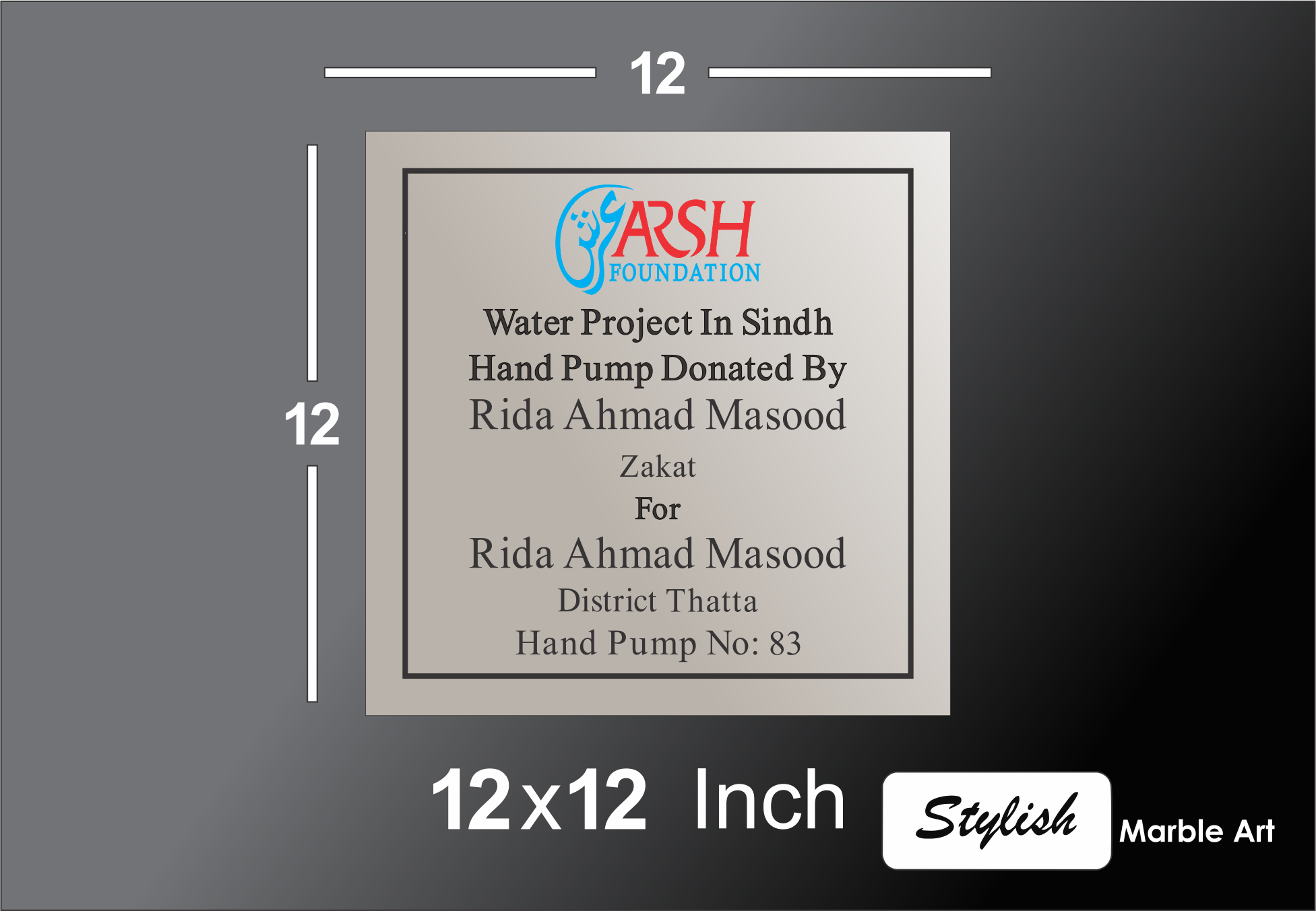 Engraved marble plaque for a charity project.